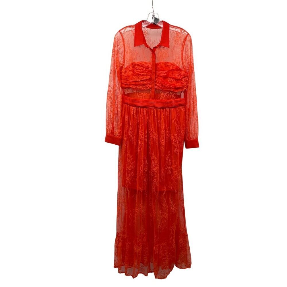 VENUS Lace Sheer Maxi Dress Long Sleeve Collared Orange Size 10 Size Zipper